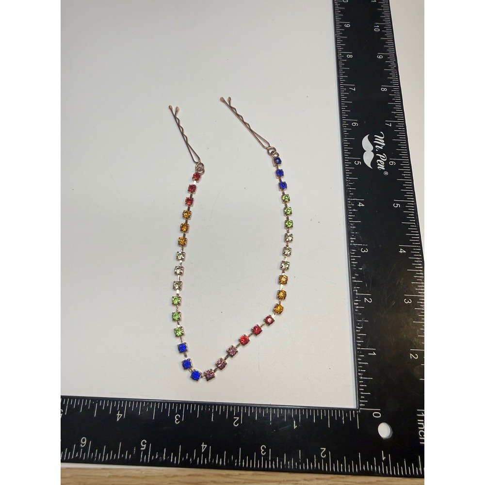 Rainbow Rhinestone Hair Chain Bobby Pin Accessory Multicolor Crystal Gold Tone